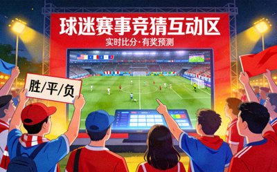 球迷参与赛事竞猜概念图 - 人群围绕大屏幕观看比赛并竞猜